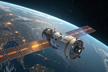 Spacecraft Orbiting Earth at Night, Showing City Lights Below