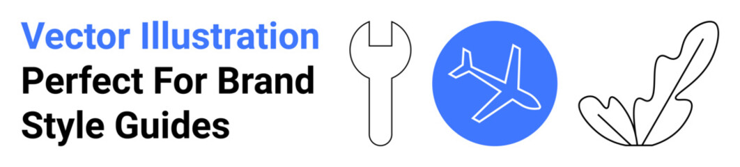 Wrench tool, airplane, and leaf graphics in monochrome and blue circle theme. Ideal for branding materials, environment, repair services, aviation, travel, sustainability and flat landing page