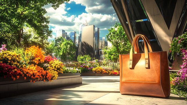 Designer tote bag leaning against a modern bench surrounded by colorful flower gardens and futuristic architectural designs 