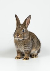 Obraz premium Cute Brown Rabbit Sitting Upright on White Background