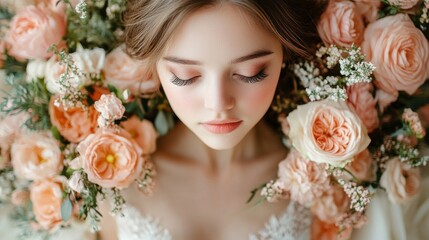 Naklejka premium Elegant bride surrounded by peach roses
