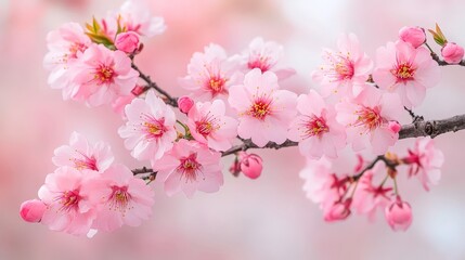Cherry Blossom Branch with Pink Flowers in Bloom