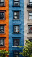 Fototapeta premium Colorful building facades with windows and foliage