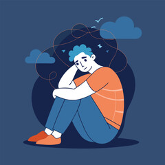 Mental health concept, Depressed male flat style character sitting on the floor
