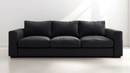 Fototapeta premium Modern black sofa in bright minimalist living room