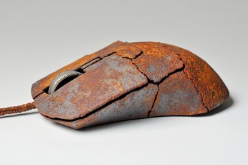 Rusty computer mouse resting on a weathered surface showcases years of neglect