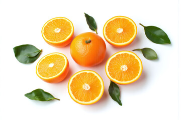group of oranges with leaves on a white background