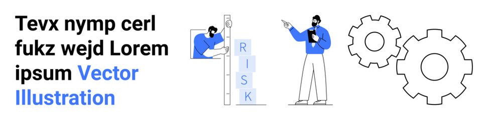 Man climbing letters spelling RISK, another pointing at gears and discussing. Ideal for teamwork, problem solving, business planning, management, risk analysis, decision making, simple landing page