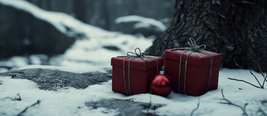 Festive Christmas background with a decorated tree and a surprise gift box tied with a red ribbon, perfect for a holiday celebration card