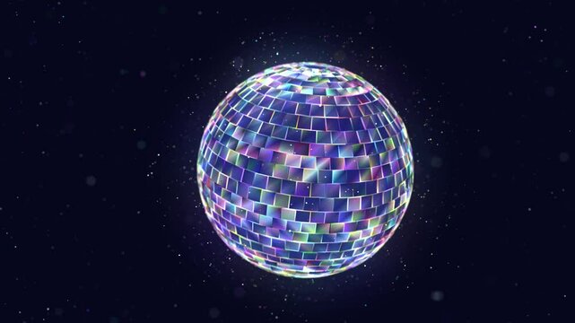 Abstract multycolor disco ball rotate on black. 3D render with color particles animation footage.
