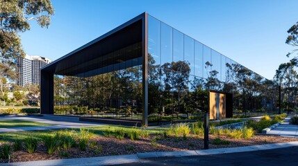 Obraz premium Modern glass building, park, city view, sunny day