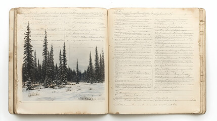 Snowy forest scene depicted in a vintage book with handwritten text on facing pages
