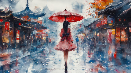 Rainy Street Scene, Girl Under Umbrella
