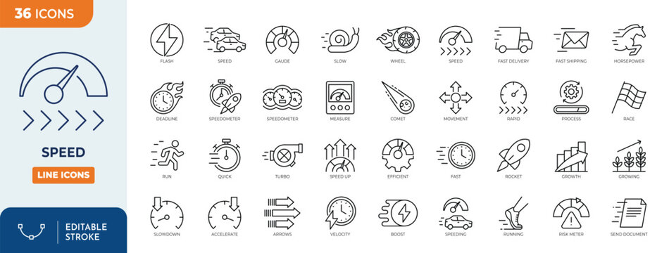 Speed icons set. Containing fast, slow, movement, productivity, indicator, turbo, speeding, gauge, express, speedometer, and more. Outline Icon Collection. Vector illustration. Editable stroke	