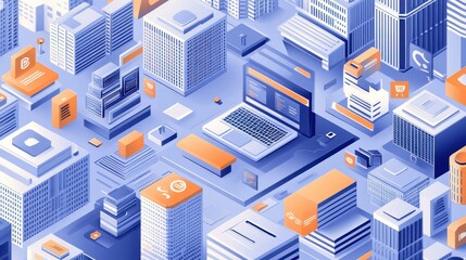 Fototapeta premium Isometric city with digital devices. Modern urban design. Possible use in tech presentations or design portfolios