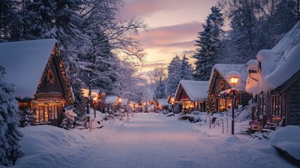 Fototapeta premium Snowy village houses decorated with holiday lights during winter evening