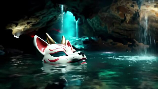 Mystical fox mask floating serenely in a tranquil cave pool, illuminated by cascading water in background - fox demon mask