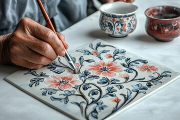 A hand delicately paints floral patterns onto a ceramic tile, showcasing intricate details and vibrant colors.