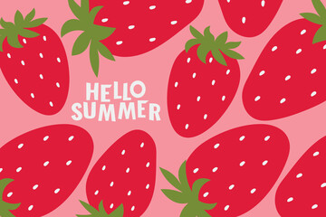 Hello summer. Summer colorful banner with red strawberries on pink background and text. Vector horizontal background with strawberries.
