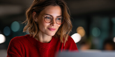 Close-up of a woman wearing glasses and a red sweater, focused on a laptop screen, conveying concentration and digital engagement