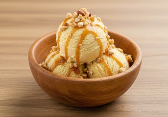 Ice cream scoops with caramel and nuts in wooden bowl
