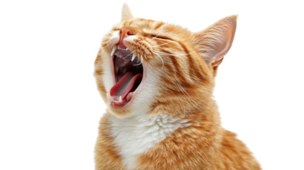 Emotional ginger cat crying on white background, isolated feline with expressive behavior