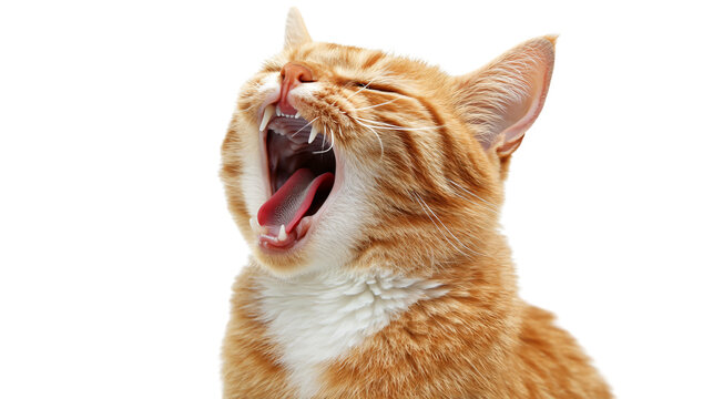Emotional ginger cat crying on white background, isolated feline with expressive behavior