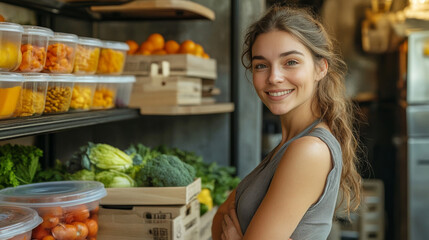 Obraz premium A woman closely shown using eco-friendly silicone stretch lids to store fruits and vegetables, supporting a zero-waste, sustainable, and plastic-free lifestyle