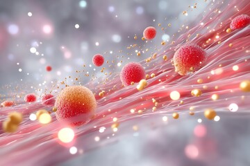 Abstract illustration of cells and molecules flowing through a vibrant background.