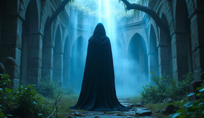 Moody Witch Standing in Ancient Ruins with Magical Light