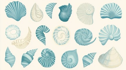 Tranquil Seashell Icons Grid in Soft Blue Tones on Ivory Background