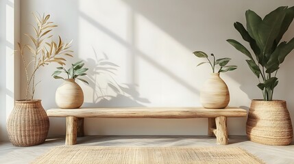 Natural Decorative Scene with Wooden Bench and Large Vases