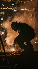 Fototapeta premium Skilled Welder at Heights: Industrial Work with Glowing Sparks and Urban Skyline Backdrop