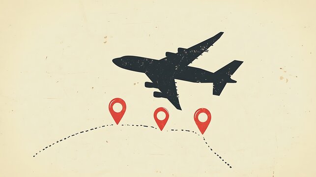 Silhouette of airplane flying over travel route with map markers on vintage background
