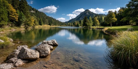 Serene lake mirroring mountains and sky