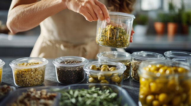 Step-by-step usage of universal silicone lids, demonstrated by a woman sealing a glass of seeds and a jar of olives for extended freshness