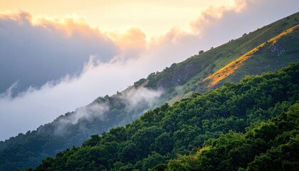 Fototapeta premium Breathtaking sunrise over misty hills mountain landscape photography natural environment wide angle serenity