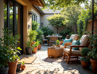 Fototapeta premium Sunny Garden Patio with Cozy Seating