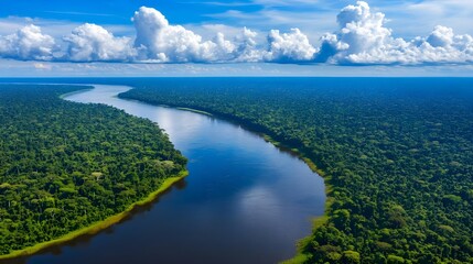 Obraz premium Aerial View of the Lush Amazon Rainforest Under Bright Blue Sky