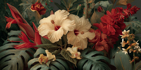 Cream and red hibiscus flowers with lush green leaves, artistically rendered in a painterly style, showcasing vibrant tropical flora, ideal for home decor or botanical design