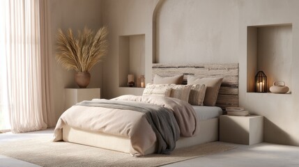 tribal contemporary bedroom full view, berber textile headboard, clay toned bedding, taupe wall, niche with dry grass bunch, soft side light, tidy layout
