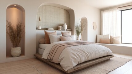 tribal contemporary bedroom full view, platform bed with washed clay linen bedding, taupe wall, berber textile headboard, niche with dry grass, warm ambient