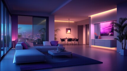 Modern apartment living room at night with city view
