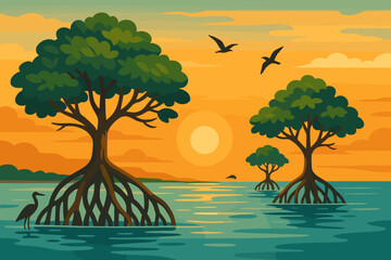 A scenic view of a coastal mangrove with visible roots, various birds, calm water, and a vibrant sunset