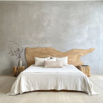 wabi modern bedroom, raw wood headboard, cream linen bedding, grey plaster wall, warm soft side lighting, no plants, no floral elements