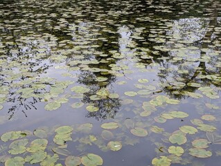 A park lake covered in water lily pads