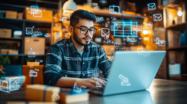Entrepreneur using a laptop in a warehouse to manage an online store. Digital icons for orders and logistics symbolize e-commerce, shipping, and small business success.