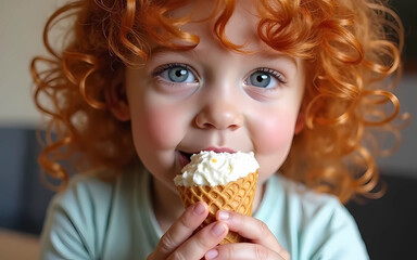 girl with red curly hair eating ice cream. World Redhead Day