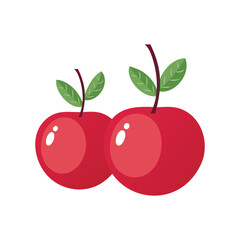 Two Red Cherries with Green Leaves 