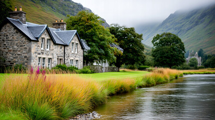 Fototapeta premium Autumnal Scottish Village by River with Stone Houses